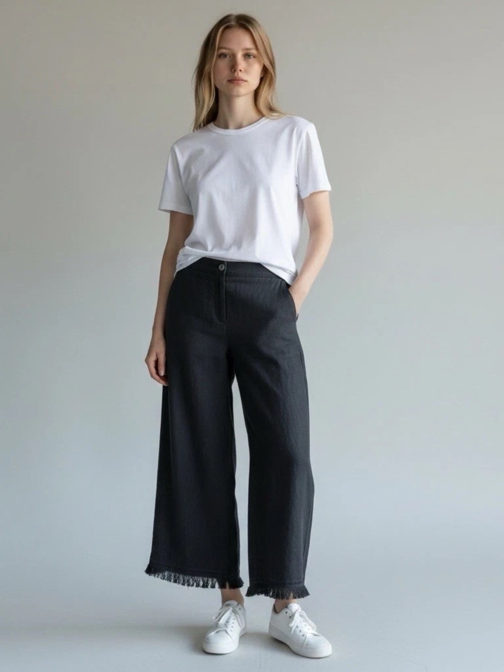 Theory Black linen fringed pants